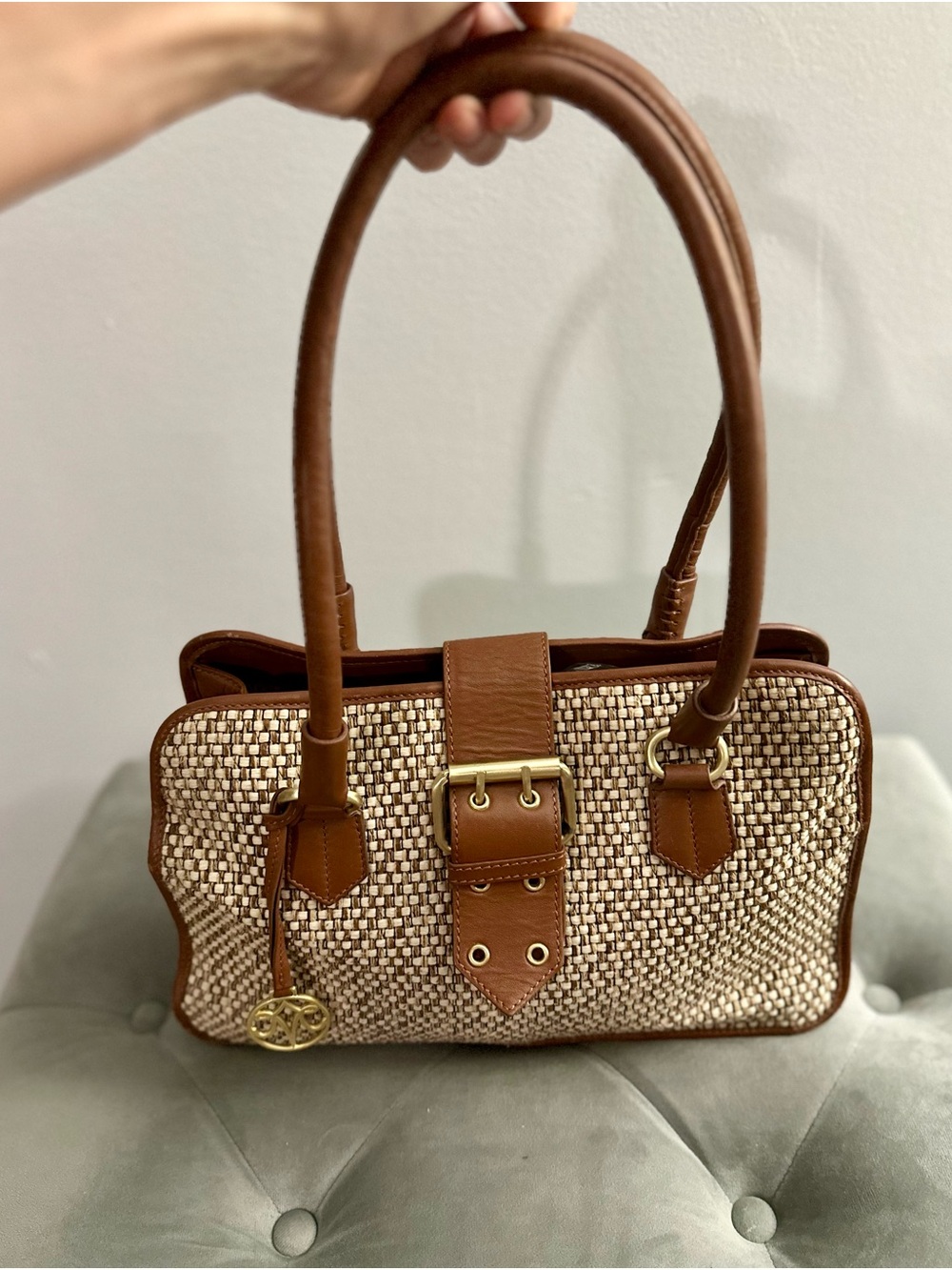 Johnston & Murphy Brown Leather-Trim Woven Shoulder Bag